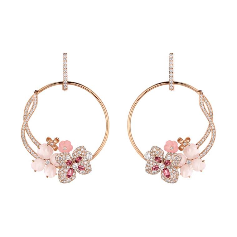 Chaumet Hortensia earrings in pink gold set with angel-skin coral, pink opals, pink tourmalines and diamonds.